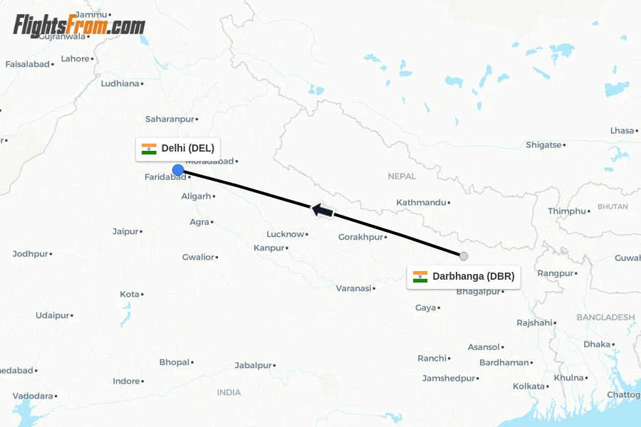 Flights from Darbhanga to Delhi route map