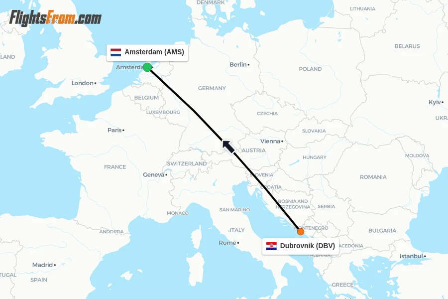 Flights from Dubrovnik to Amsterdam route map