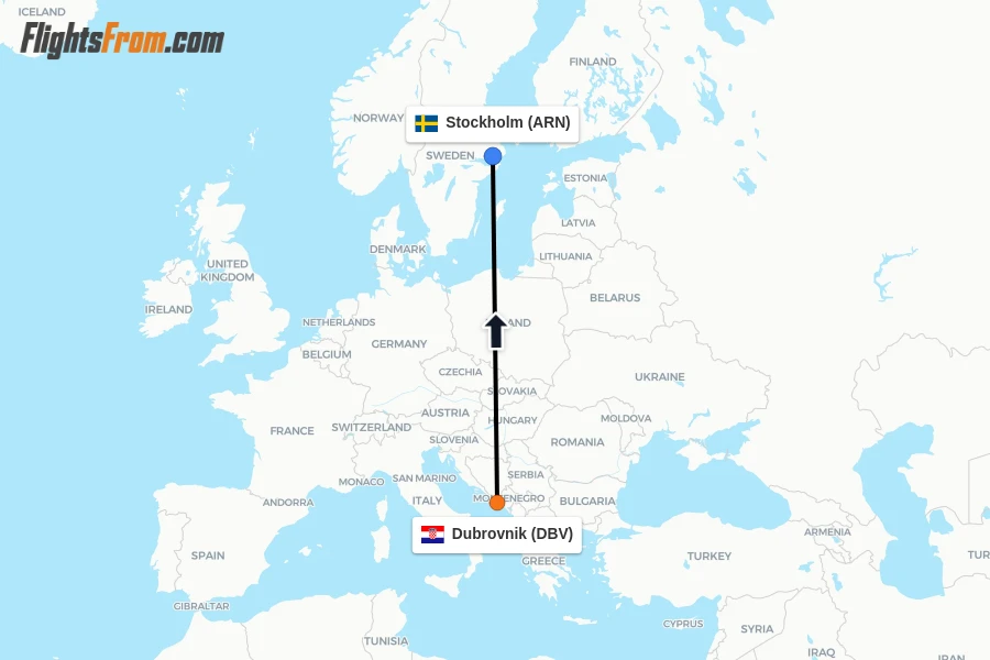 Flights from Dubrovnik to Stockholm route map