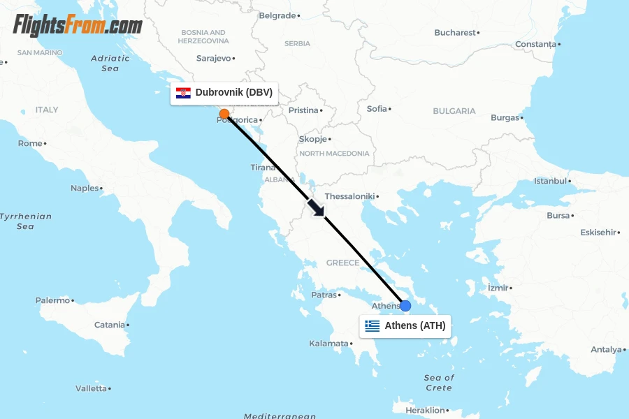 Flights from Dubrovnik to Athens route map