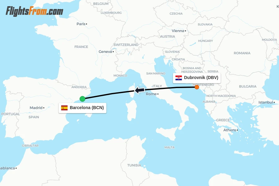 Flights from Dubrovnik to Barcelona route map