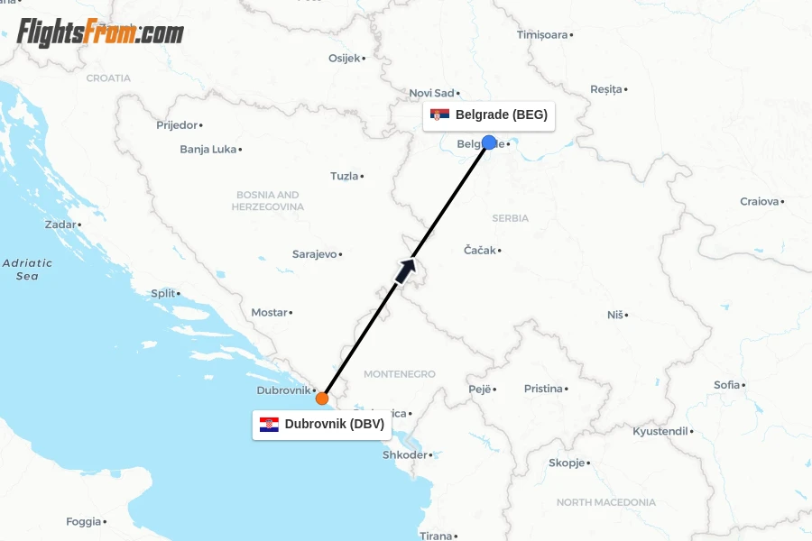 Flights from Dubrovnik to Belgrade route map