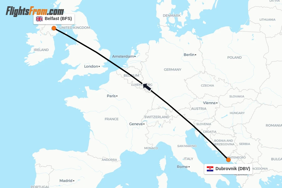 Flights from Dubrovnik to Belfast route map