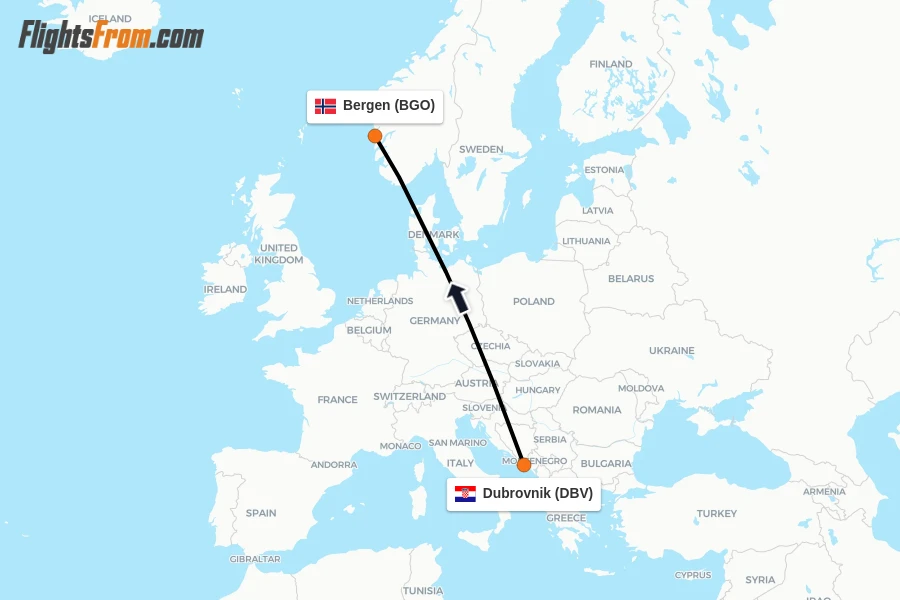 Flights from Dubrovnik to Bergen route map