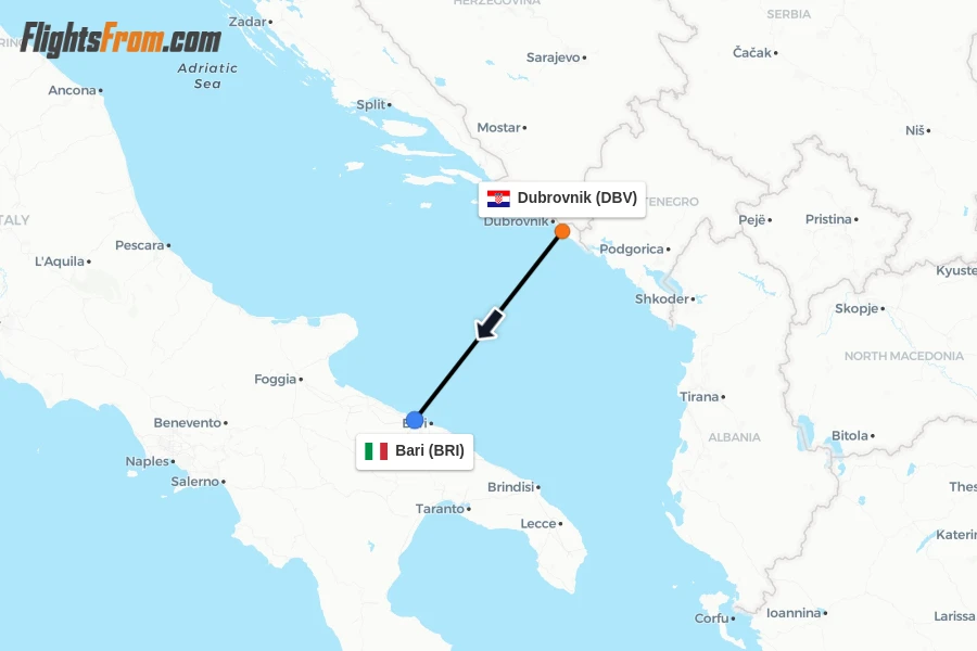 Flights from Dubrovnik to Bari route map