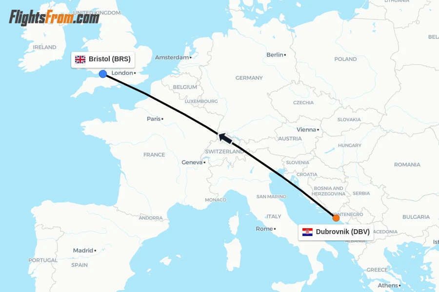 Flights from Dubrovnik to Bristol route map