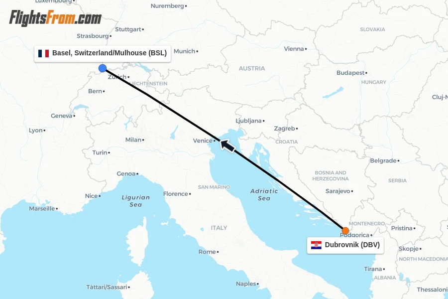 Flights from Dubrovnik to Basel, Switzerland/Mulhouse route map