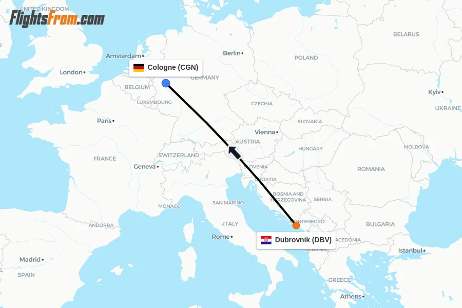 Flights from Dubrovnik to Cologne route map