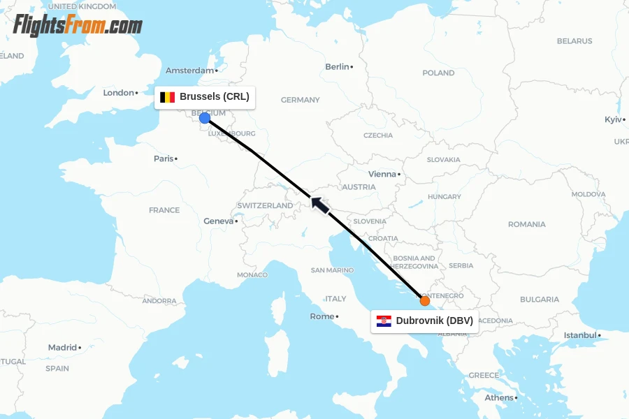 Flights from Dubrovnik to Brussels route map