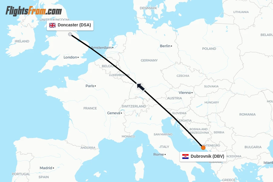 Flights from Dubrovnik to Doncaster route map