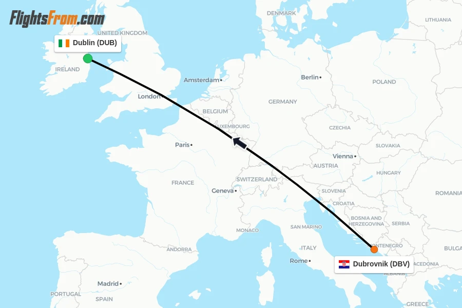 Flights from Dubrovnik to Dublin route map
