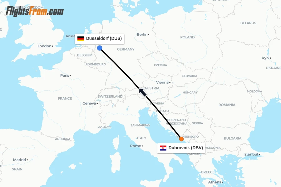 Flights from Dubrovnik to Dusseldorf route map