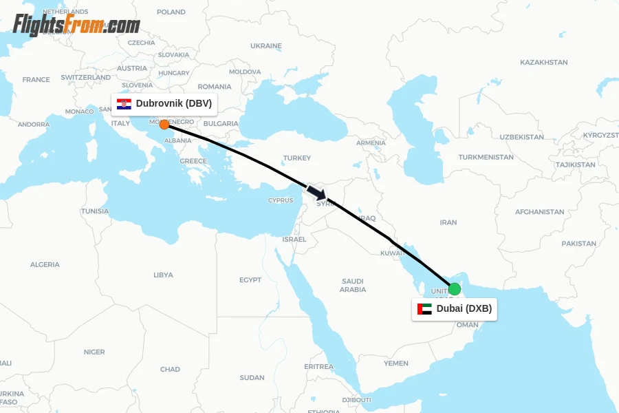 Flights from Dubrovnik to Dubai route map