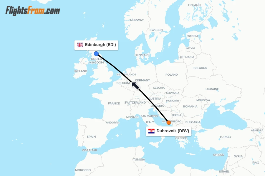 Flights from Dubrovnik to Edinburgh route map