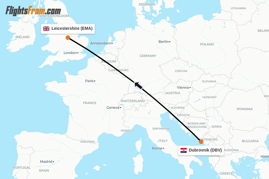 Flights from Dubrovnik to Leicestershire route map