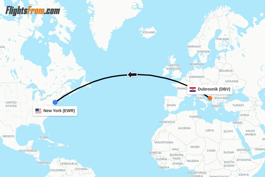 Flights from Dubrovnik to New York route map