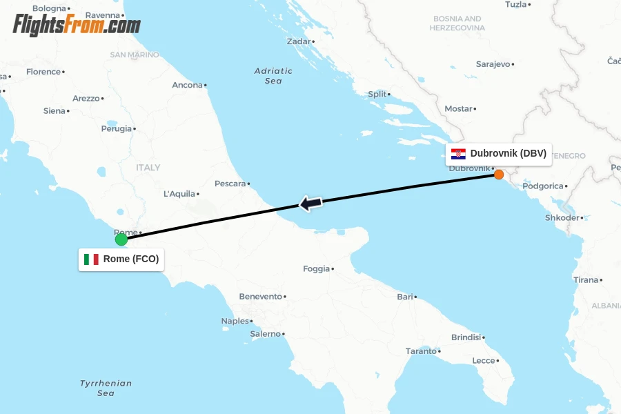Flights from Dubrovnik to Rome route map