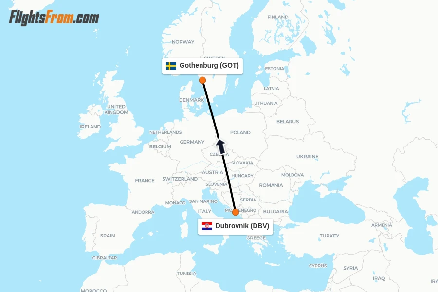 Flights from Dubrovnik to Gothenburg route map