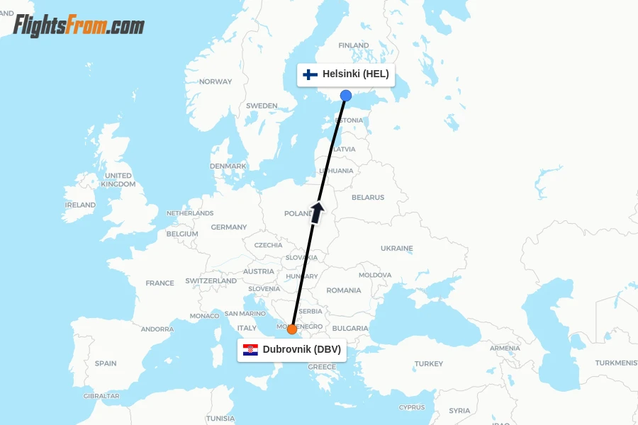 Flights from Dubrovnik to Helsinki route map