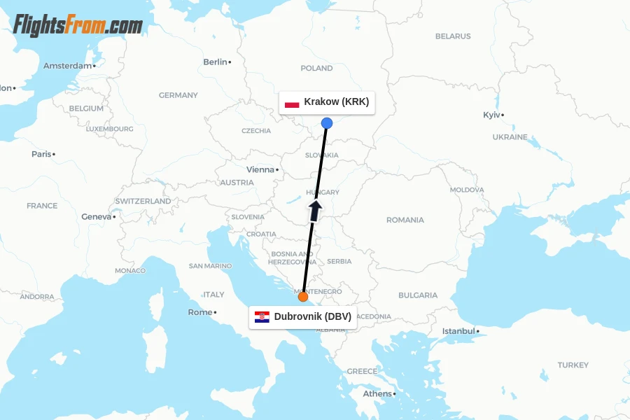 Flights from Dubrovnik to Krakow route map