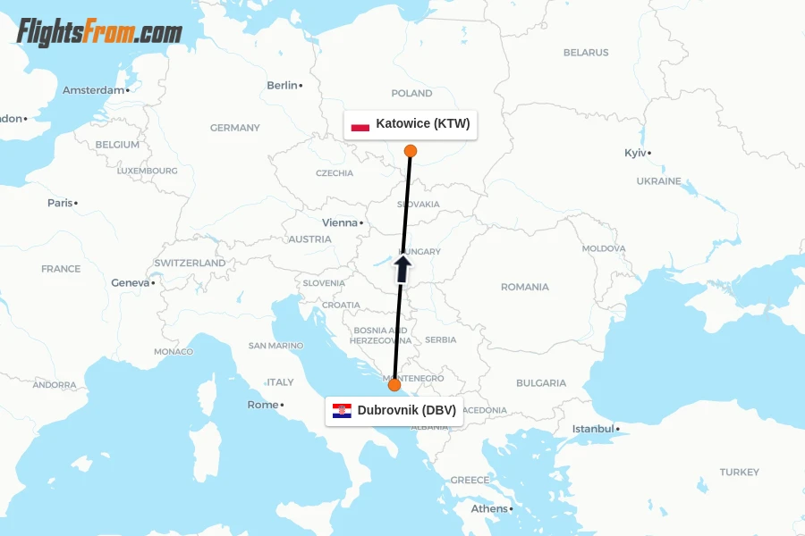 Flights from Dubrovnik to Katowice route map