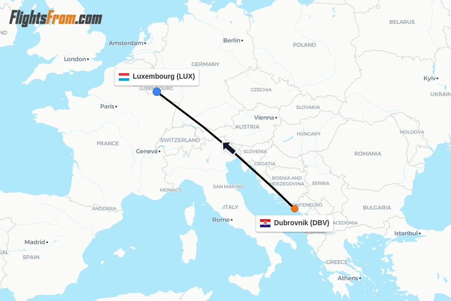 Flights from Dubrovnik to Luxembourg route map