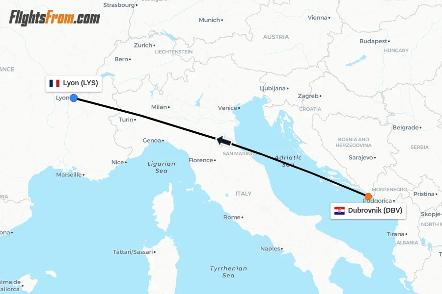 Flights from Dubrovnik to Lyon route map
