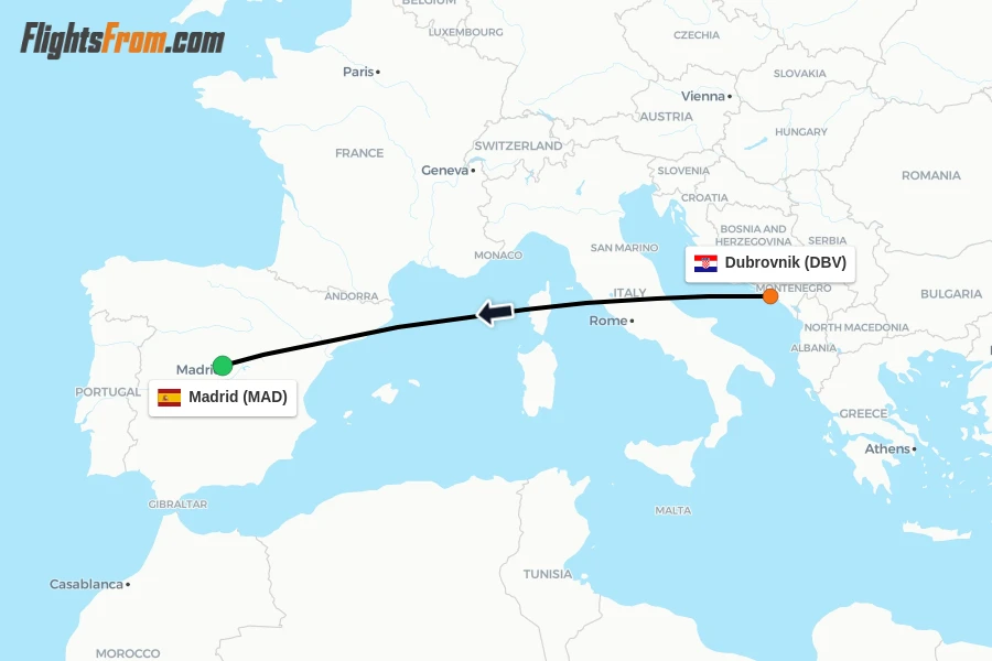 Flights from Dubrovnik to Madrid route map
