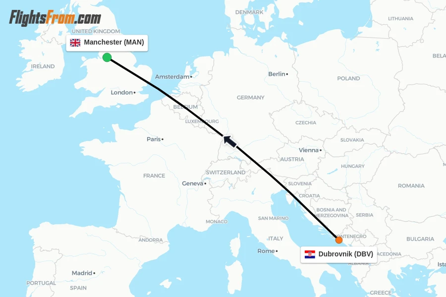 Flights from Dubrovnik to Manchester route map