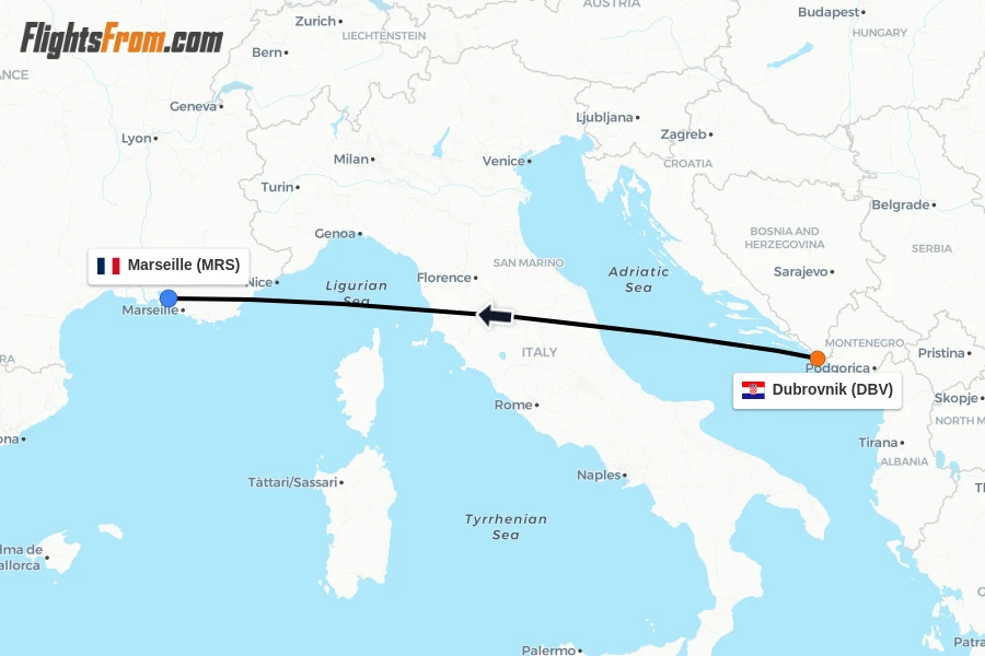 Flights from Dubrovnik to Marseille route map