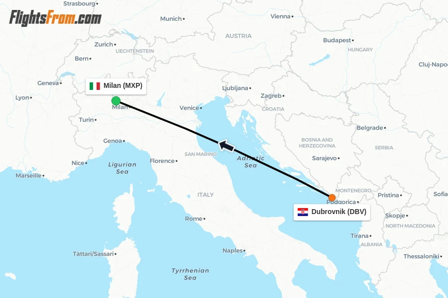 Flights from Dubrovnik to Milan route map
