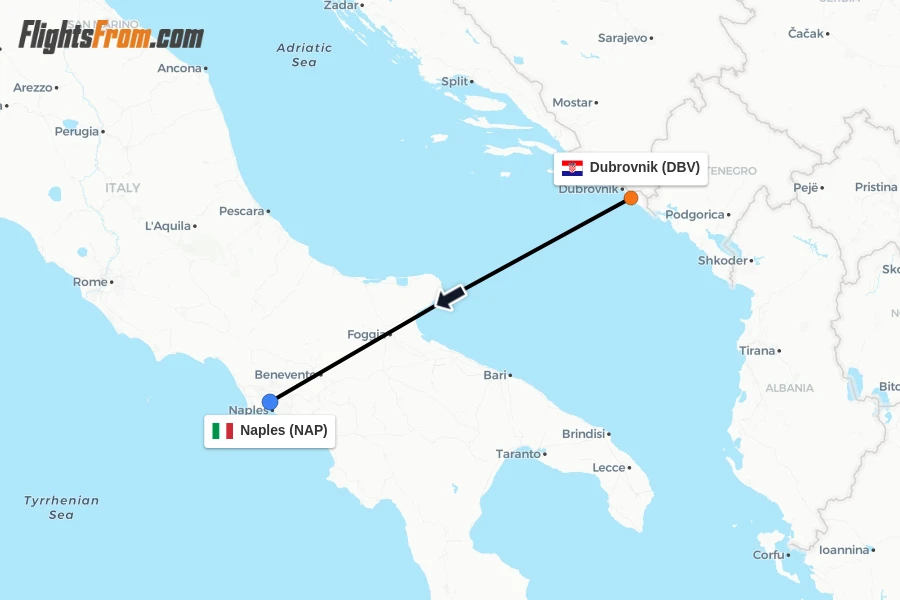 Flights from Dubrovnik to Naples route map