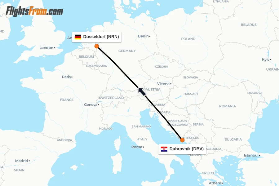 Flights from Dubrovnik to Dusseldorf route map