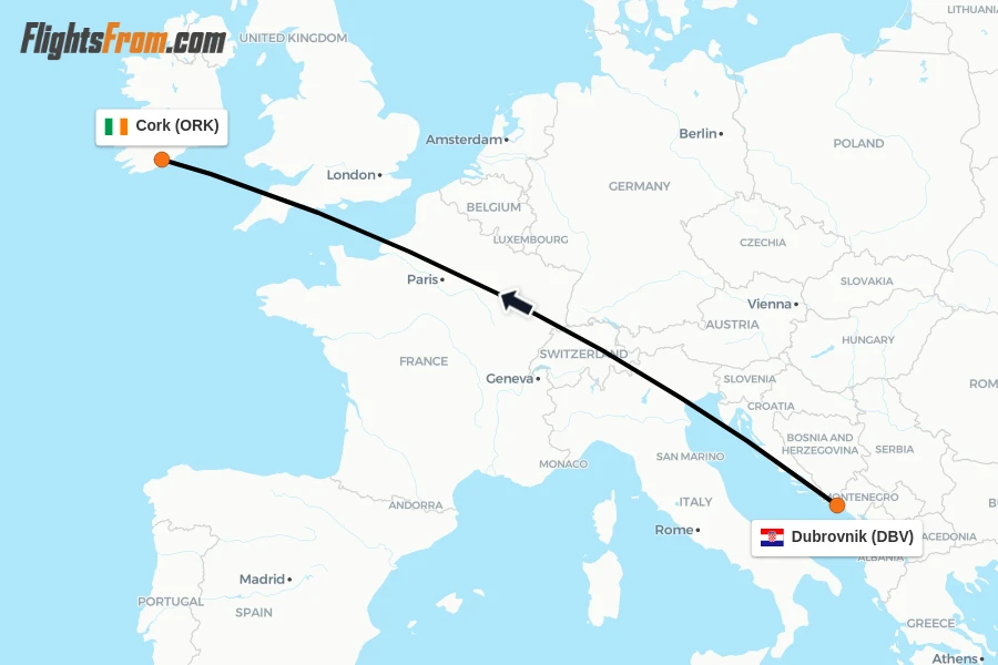 Flights from Dubrovnik to Cork route map