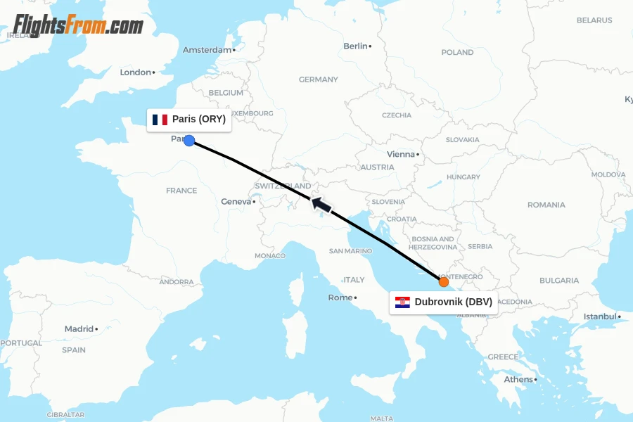 Flights from Dubrovnik to Paris route map