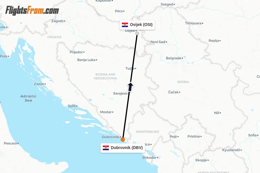 Flights from Dubrovnik to Osijek route map