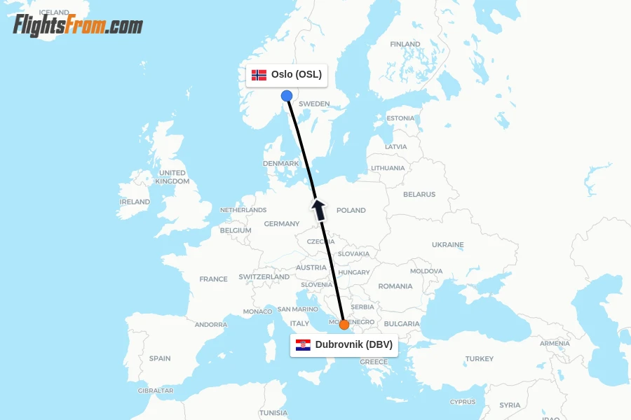 Flights from Dubrovnik to Oslo route map