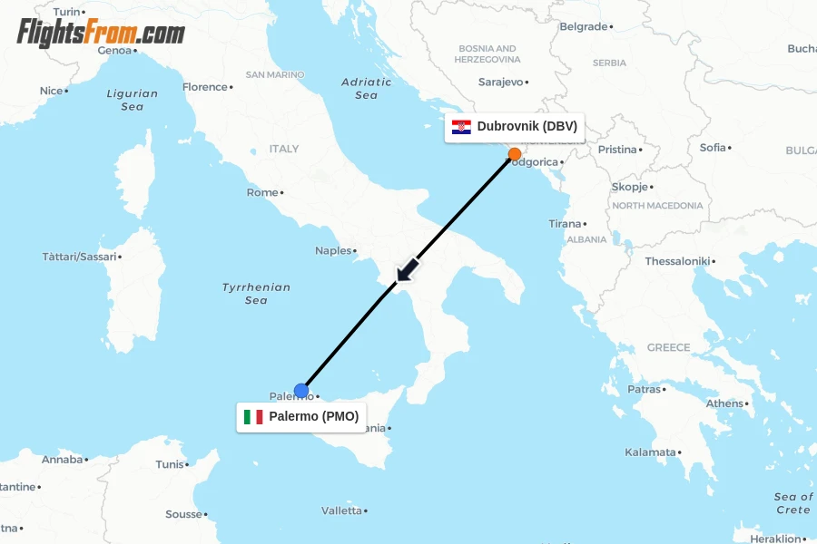 Flights from Dubrovnik to Palermo route map