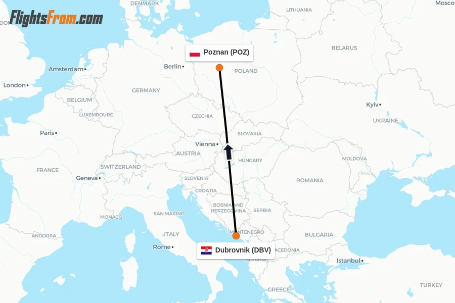 Flights from Dubrovnik to Poznan route map