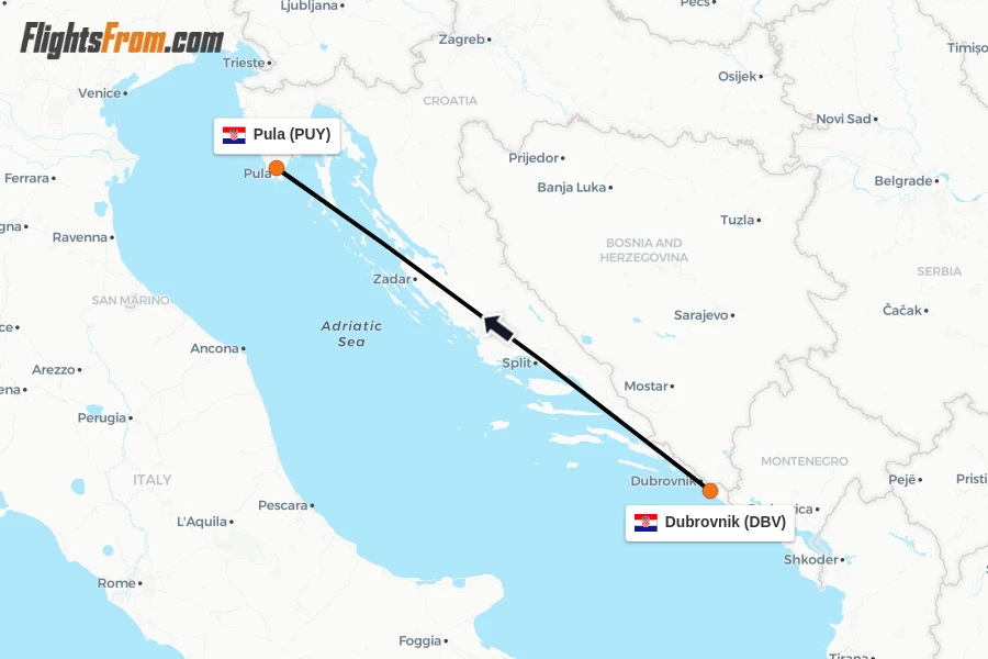 Flights from Dubrovnik to Pula route map