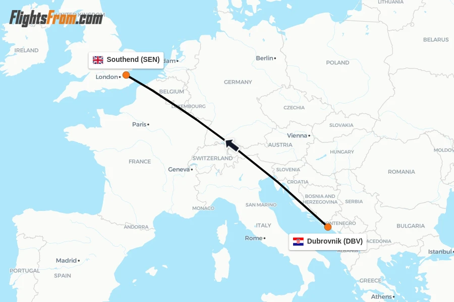 Flights from Dubrovnik to Southend route map