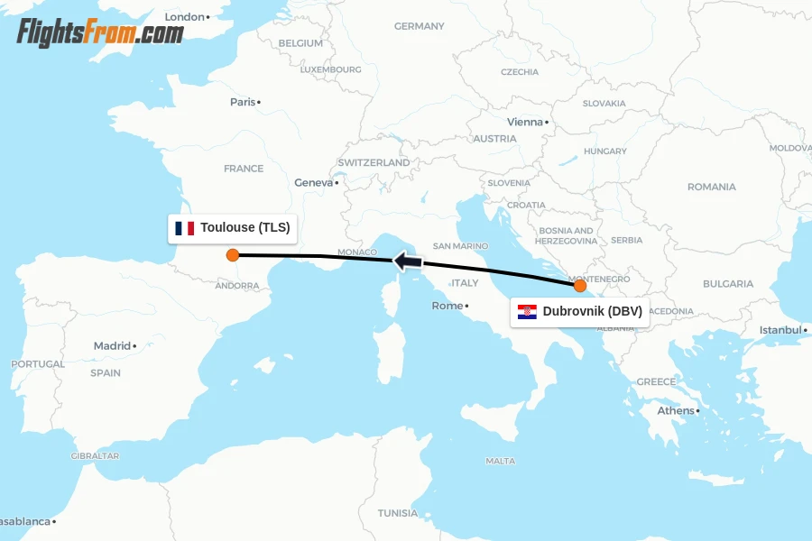 Flights from Dubrovnik to Toulouse route map