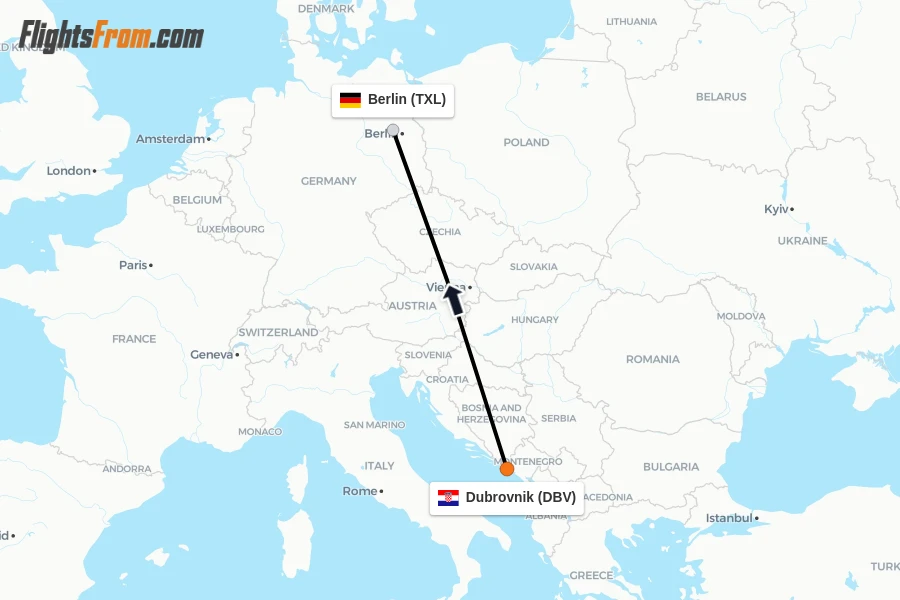 Flights from Dubrovnik to Berlin route map