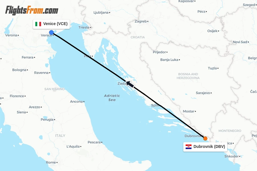 Flights from Dubrovnik to Venice route map