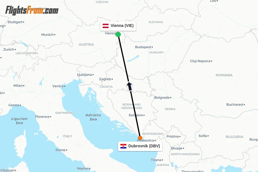 Flights from Dubrovnik to Vienna route map