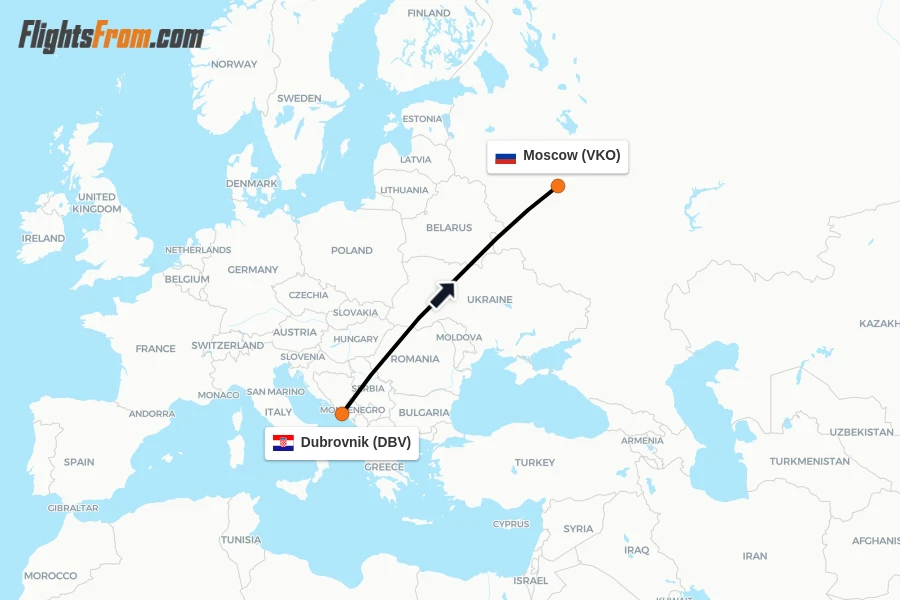Flights from Dubrovnik to Moscow route map