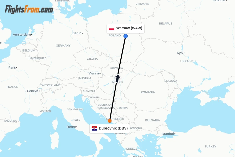 Flights from Dubrovnik to Warsaw route map