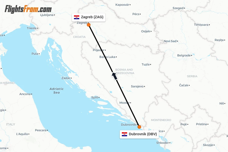 Flights from Dubrovnik to Zagreb route map