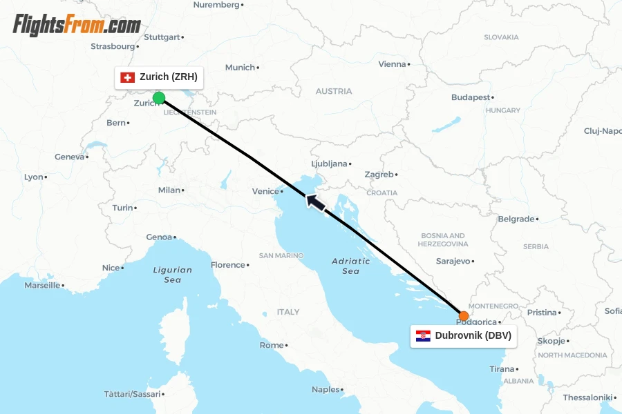 Flights from Dubrovnik to Zurich route map