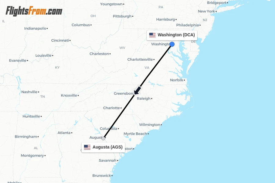Flights from Washington to Augusta route map